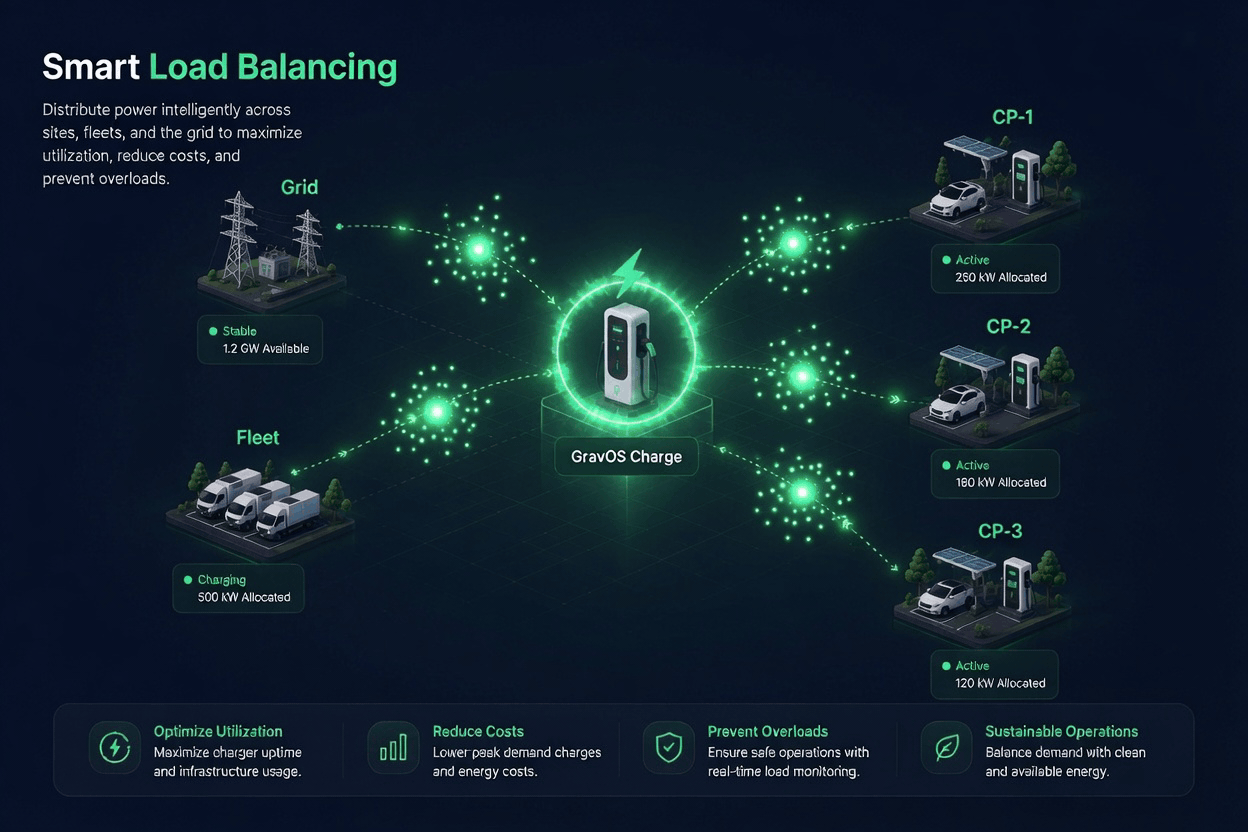 Smart Load Balancing — GravOS Charge distributes power across sites, fleets and the grid