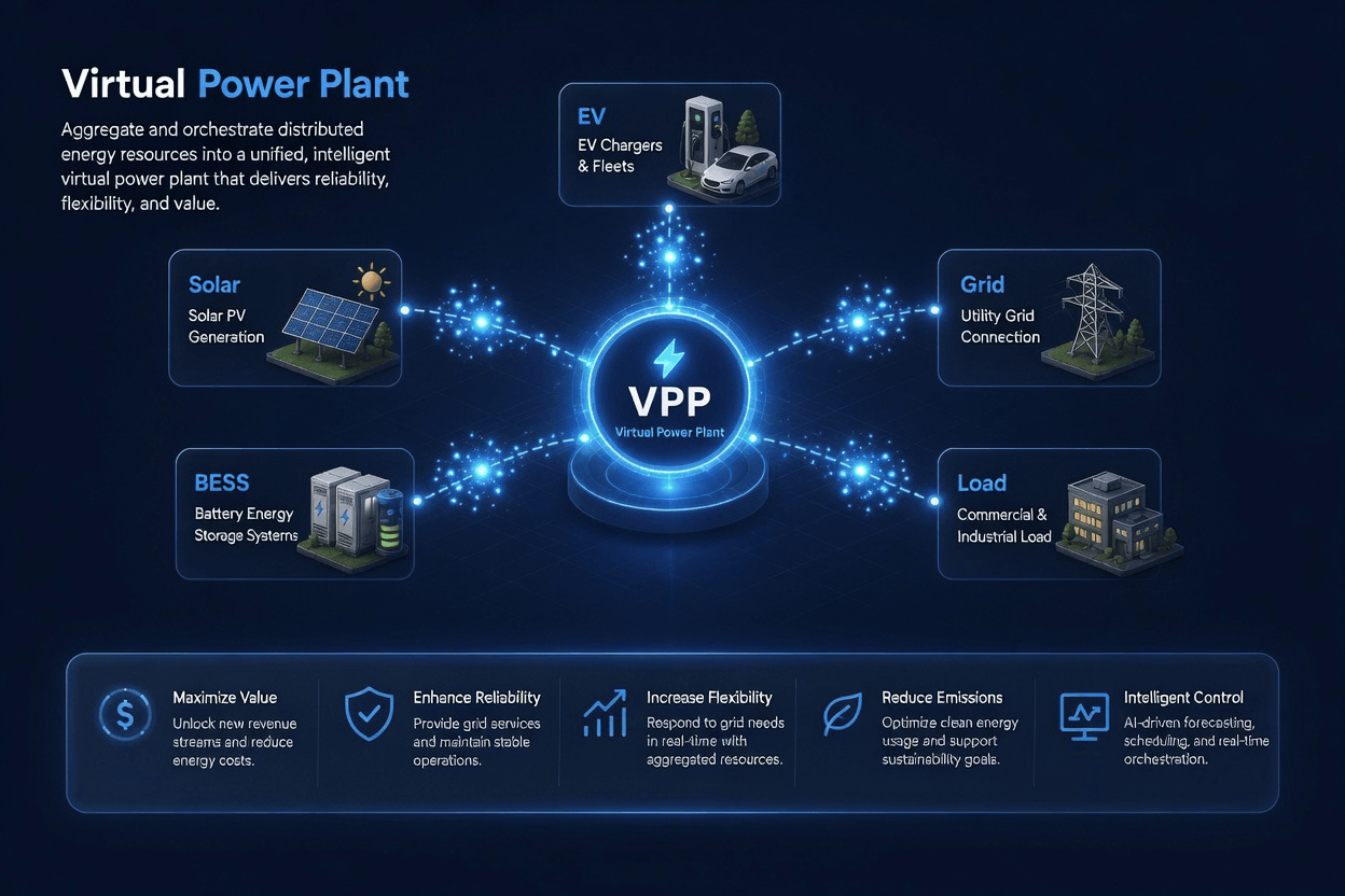 Virtual Power Plant — GravOS Electron aggregates solar, BESS, EV and load