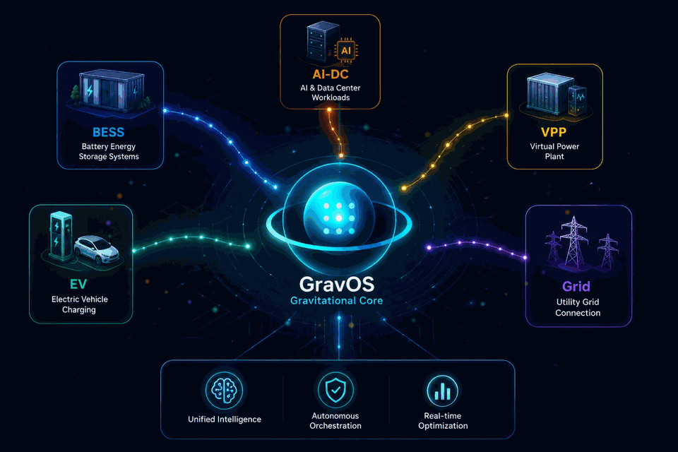 GravOS gravitational core directing energy across EV, BESS, VPP, Grid and AI data centers